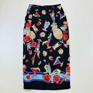 Vintage 90s tropical maxi skirt drink bright print black side slit Size 10